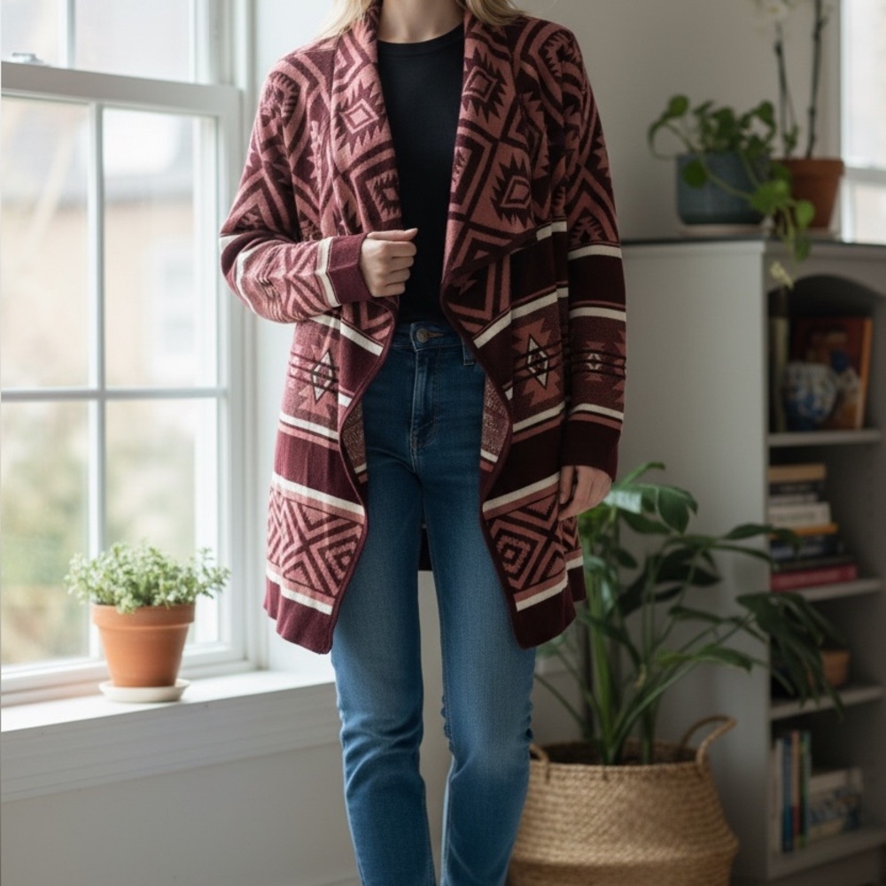 By Design large Waterfall Cardigan Sweater Tribal Aztec western front open